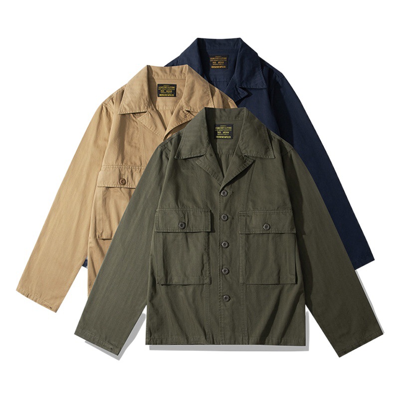 OKONKWO espiga patrón HBT camisa funcional campo chaqueta abrigo M43 cuello cubano manga larga camisa abrigo