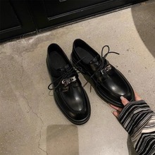 韩国女鞋2024年金属扣乐福鞋女系带手工粗跟厚底真皮英伦风小皮鞋