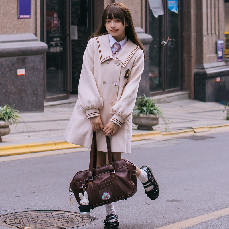 Abrigo de Lana Estilo Colegial de Lana, Manga Larga, Largo