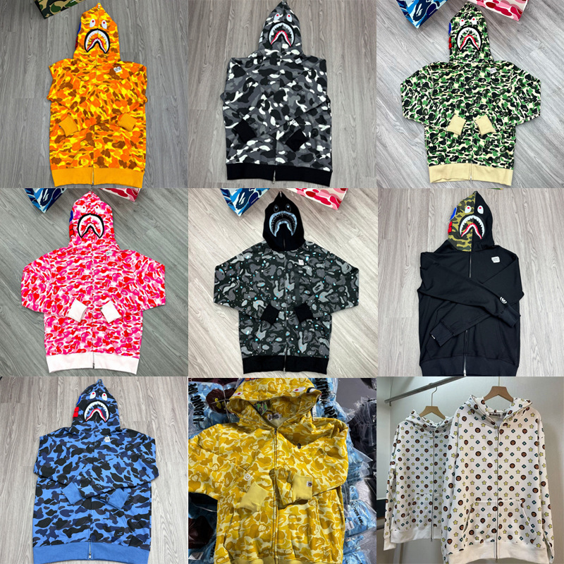 Cross-Border Trendy Brand Foreign Trade Wholesale Bape Zipper Loose Men's and Women's Cardigan Jacket Shark Camouflage Hooded Sweatshirt Cross-Border Trendy Brand Foreign Trade Wholesale Bape Zipper Loose Men's and Women's Cardigan Jacket Shark Camouflage Hooded Sweatshirt