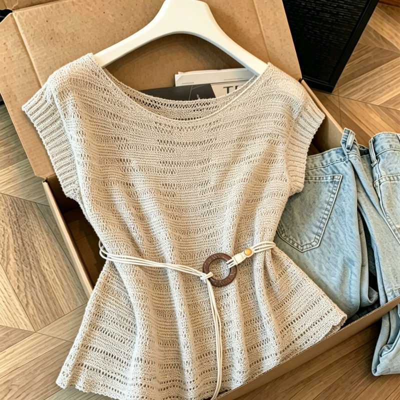 Design-Inspired Hollow-Out Short-Sleeve Knit Cardigan for Women, Summer 2026, Thin Style with Belt, Waist-Cinching, Slimming Top, Trendy A12006