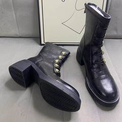 软皮版~2025厚底马丁靴女高跟百搭徽章金属扣后拉链弹力瘦瘦靴潮