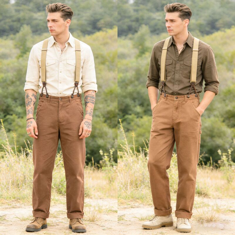 Okonkwo Men's Canvas Two-Way Wide-Leg Work Pants Railway Cargo Overalls Ami Khaki Motorcycle Suspenders Pants