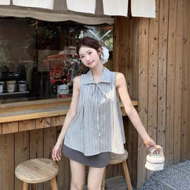 蝴蝶结绑带撞色polo领衬衫女春季宽松无袖背心小衫娃娃衫上衣