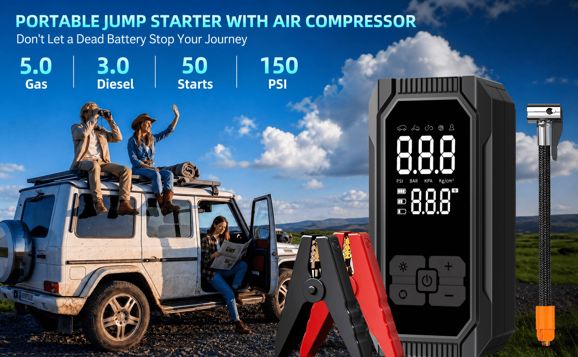 Car emergency jump starter and air pump combo, portable multi-functional digital display air pump for in-car use