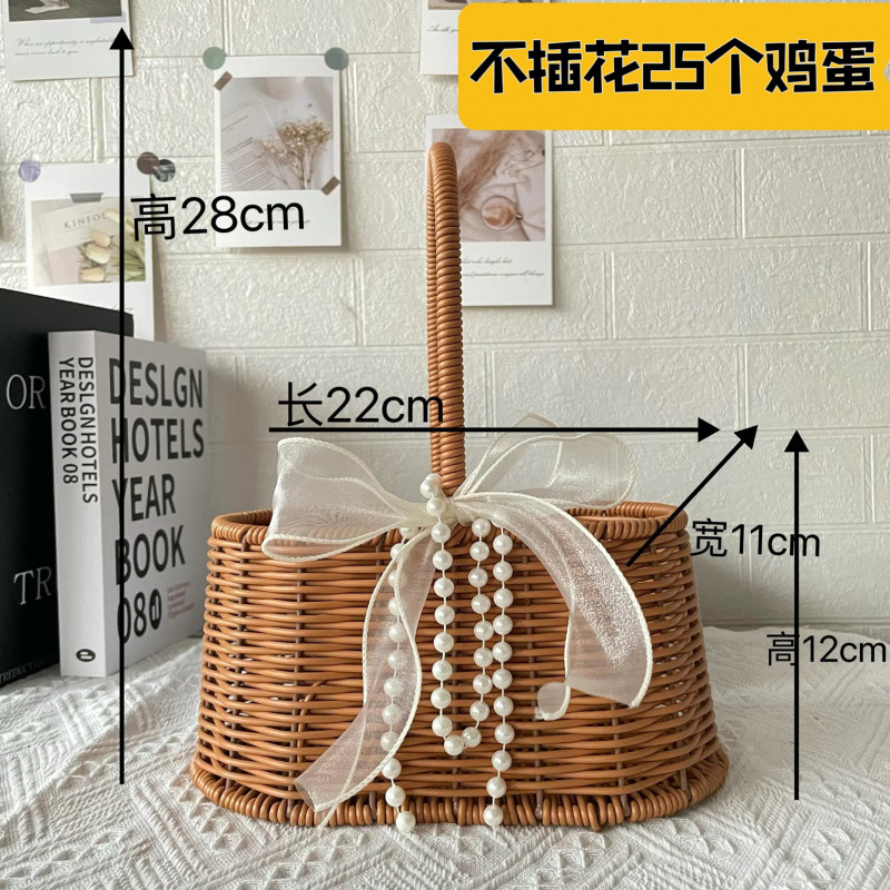 플라스틱 등나무 입 작은 바닥 큰 타원형 - 꽃바구니 + 리본 + 꽃머드 + 진주