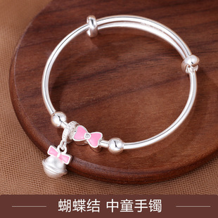 9999 Pure Silver Pink Bow Medium and Large Kidsren's Bracelet Little Girl Cartoon Big Kidsren's Student Sterling Silver Bracelet 4-12 Years Old