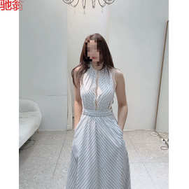T8Y韩国东大门法式优雅挂脖蕾丝拼接条纹背心连衣裙女
