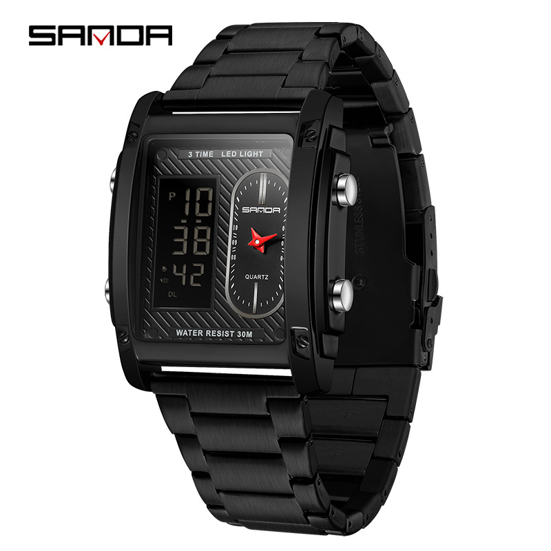 Sanda reloj electrónico de moda para hombres creativo reloj electrónico de doble movimiento multifuncional reloj de cuarzo eléctrico impermeable