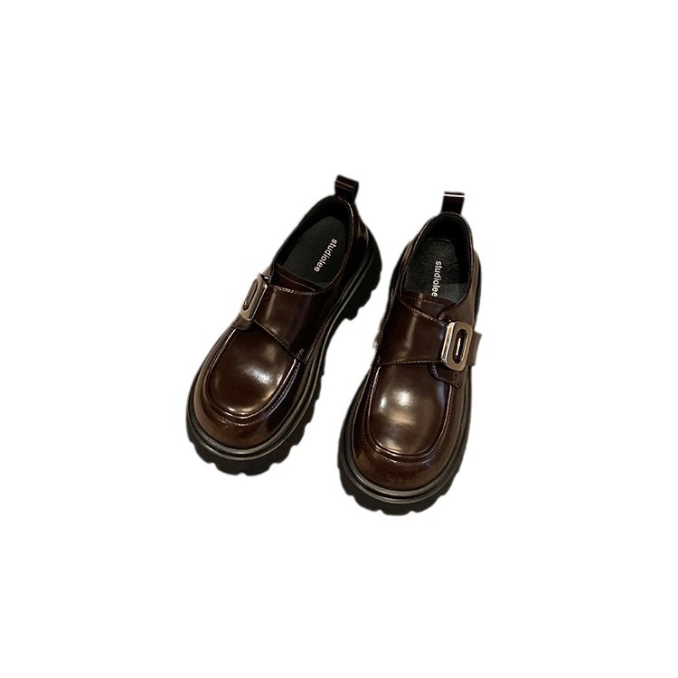 Grava Madre Otoño Invierno Nuevo estilo de estilo universitario botón perezoso un pie pie muffin tacones gruesos zapatos de cuero Lefour para mujeres