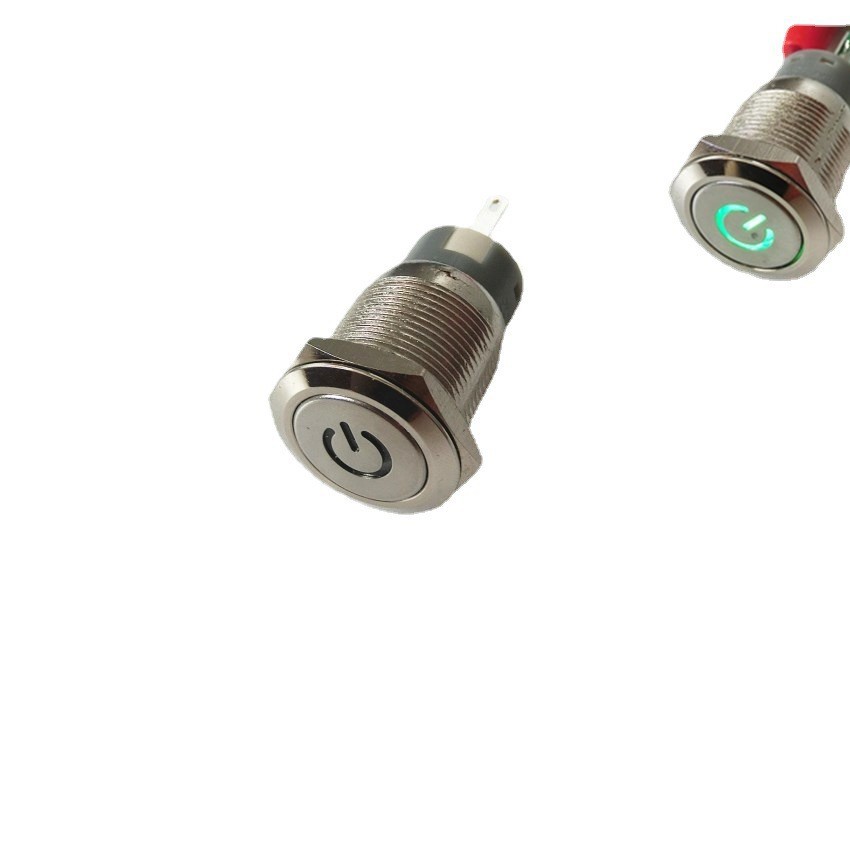 开孔19mm金属按钮开关12V 自锁式 带电源符号LED灯门禁开关绿色灯