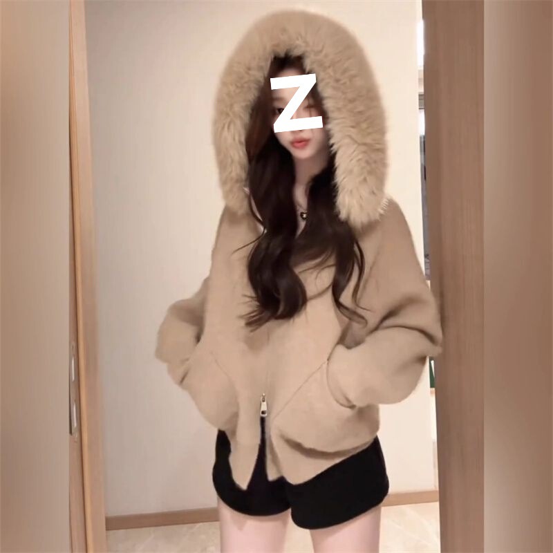 Liedow Designer Double Zipper Large Fur Collar Hooded Knitwear for Women Autumn and Winter New Versatile Knitwear Jacket for Women