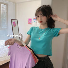 糖果色短款圓領短袖T恤女2023夏裝韓版女士衣服外貿女裝上衣批發
