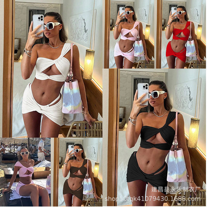 2026 Amazon One-Shoulder Bikini New Style Tie-Up Three-Piece Swimsuit Set, Push-Up, Quick-Drying for Beach Vacation