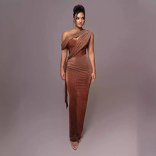 2024外贸棕色派对礼服性感露肩绑带连衣裙绷带礼服