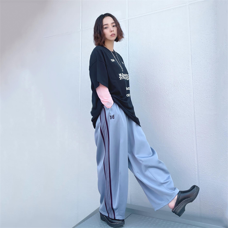Needles Track Butterfly Embroidery Straight Leg Wide-Leg Pants, European and American Style Wide-Leg Lantern Casual Sporty Wide-Leg Pants