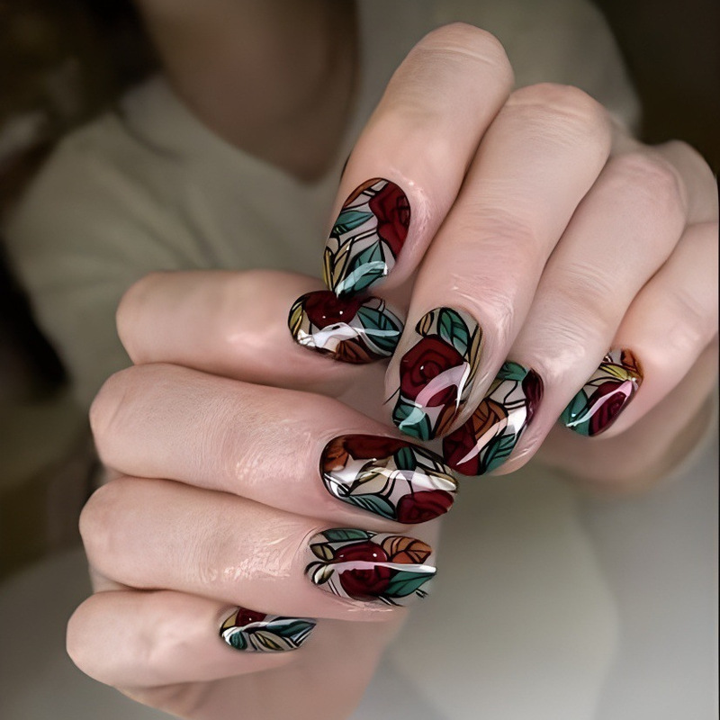 [Special Offer] Short Glossy Wearable Nails Rose Flower Nail Art Pieces Vintage Red Sweet Cool Fake Nails 24 Pieces
