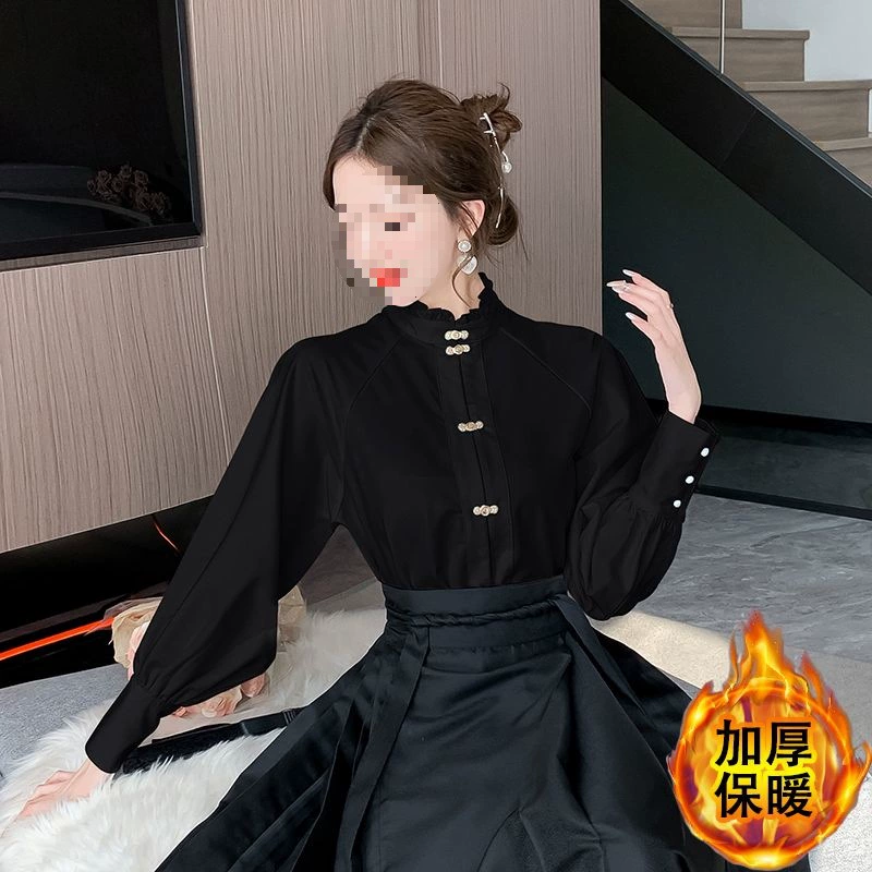 Шифоновая рубашка с длинными рукавами для женщин осенью и зимой новый бархатный толстый китайский стиль рубашка новая китайская декоративная пряжка топ