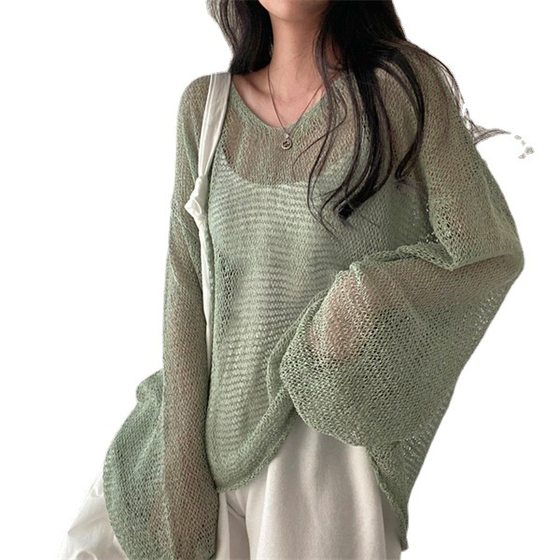 South Korea chismc summer French retro lazy loose long sleeve hollow thin knitted blouse top for women