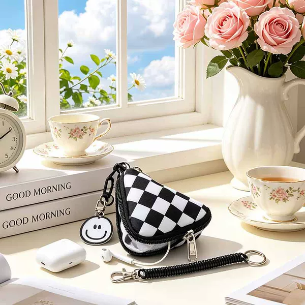 Checkerboard earphone case, key case, ins black and white checkered mini cute pocket triangle coin purse, backpack accessory