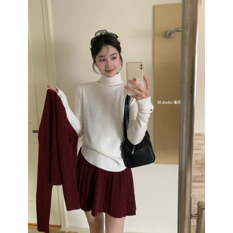 Basic layering piece ~ Soft and cozy macaron-colored 28-color stacked collar knitted high-elastic slim-fit base shirt
