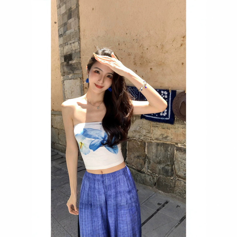 Korean chic style pure and alluring printed strapless tank top for women, slim-fit short fashion sleeveless top for hot girls