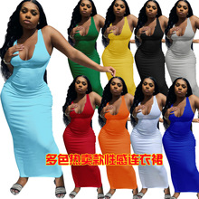 2022欧美女装亚马逊女装春夏吊带背心深V领 修身性感长款连衣裙