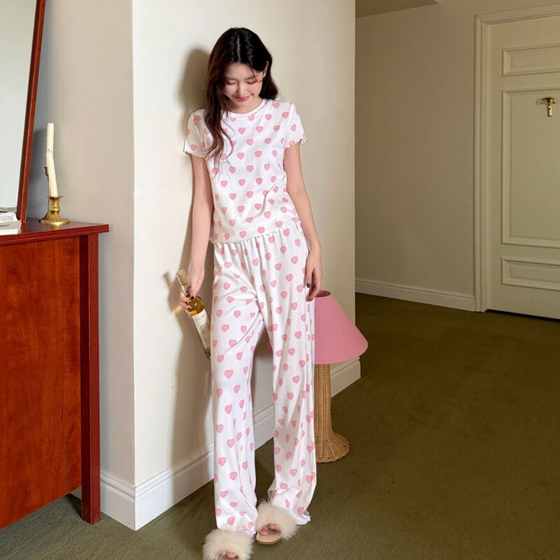 Skims Kardashian Valentine's Day Limited Edition Sweetheart Short-Sleeve Long Pants Ruffle Edge Pajamas for Women Spring/Summer Loungewear