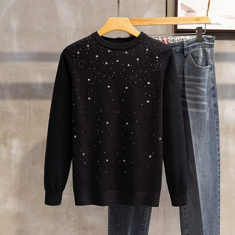 Herren-Winterstrickpullover – Langärmliger Strasspullover aus Kaninchenwollmischung, lockere Passform für Teenager und junge Erwachsene (M-3XL, Schwarz/Weiß)_voghion.com