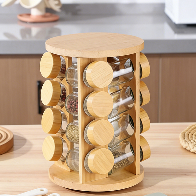 Creative Bamboo Kitchen Spice Rack in Various Sizes, Square and Round, with 3, 4, or 5 Holes, Featuring a Rotating Turntable Creative Bamboo Kitchen Spice Rack in Various Sizes, Square and Round, with 3, 4, or 5 Holes, Featuring a Rotating Turntable