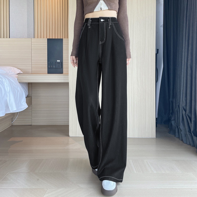 黑色牛仔阔腿裤女秋季高腰窄版直筒西裤小个子宽松显瘦休闲拖地裤