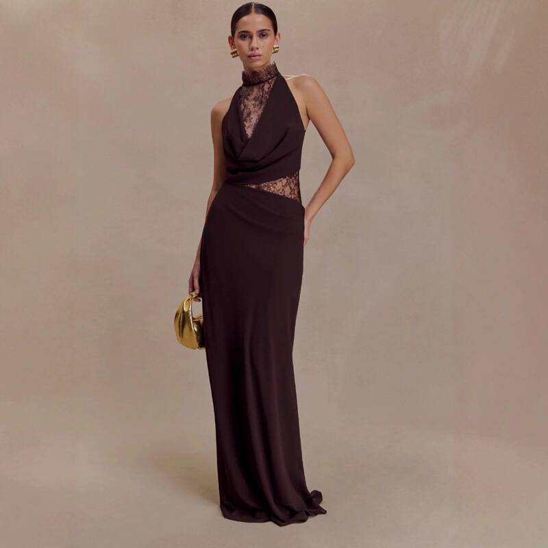 Amazon Foreign Trade Sexy Skirt V Neck Dress Long European and American Dress Halterneck Backless Dinner Dress