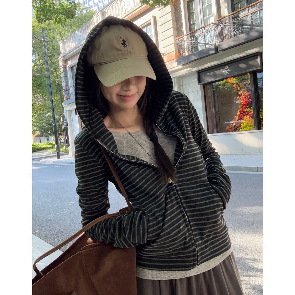 Korean Style Lazy Hooded Sweatshirt Striped Jacket for Women 2025 Early Autumn Striped Color-Blocking Versatile Slim-Fit Short Top