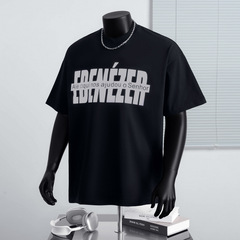 ニッチなメンズウェア、夏のアメリカンスタイルTシャツ、メンズヘビーウェイト半袖、シルバーレタリング、トレンディなカジュアルルーズフィット、インナーとしても使える半袖シャツ