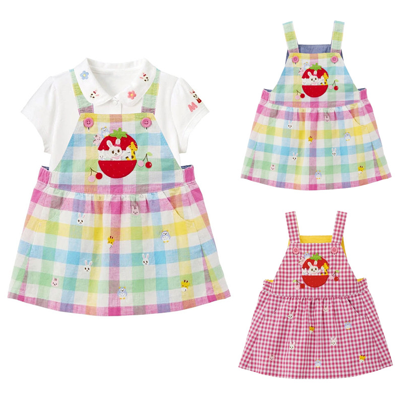 Ready Stock Dress Summer New Cartoon Cute Girl Strawberry Bunny Full Embroidered Suspender Skirt