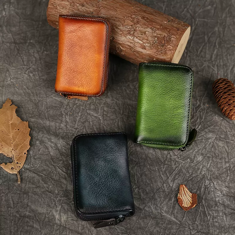真皮拉链小卡包头层牛皮迷你卡夹多卡位纯色复古软面钱包批发卡片