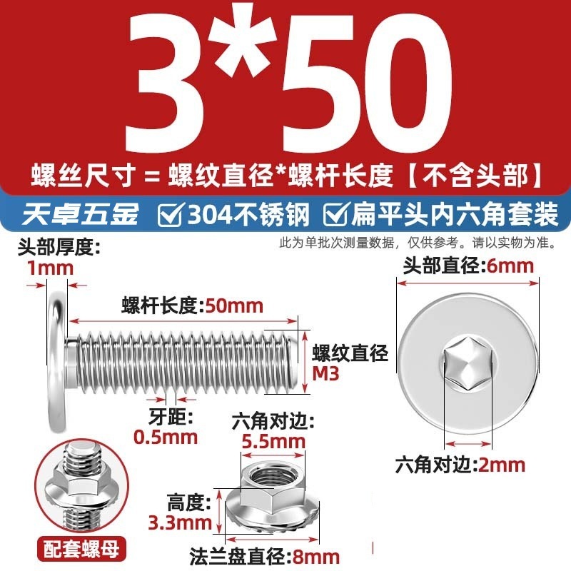 304不锈钢CM大平头超薄头C头扁平头内六角螺丝钉法兰边螺母套装M5|undefined