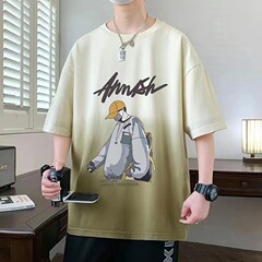 グラデーション色半袖tシャツ男夏冷感半袖男潮牌ゆるい上着青少年痞帅tシャツ