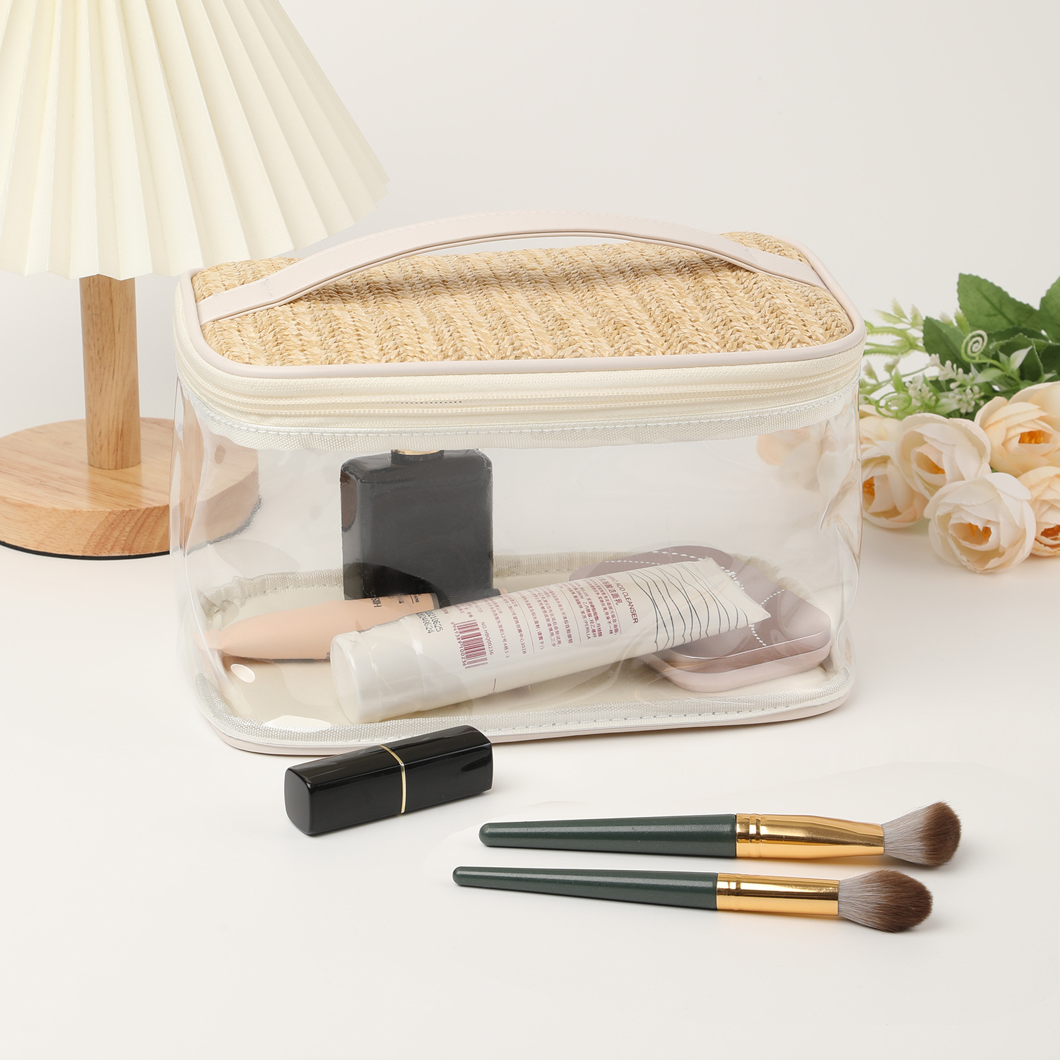 Small Chic Style Large Capacity PVC Straw Travel Toiletry Portable Cosmetic Storage Bag, Fresh And Elegant_voghion.com