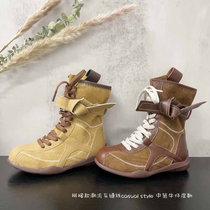 儿童洋气蝴蝶结潮流车缝线中筒皮靴2025秋冬新品网红款复古时装靴|undefined