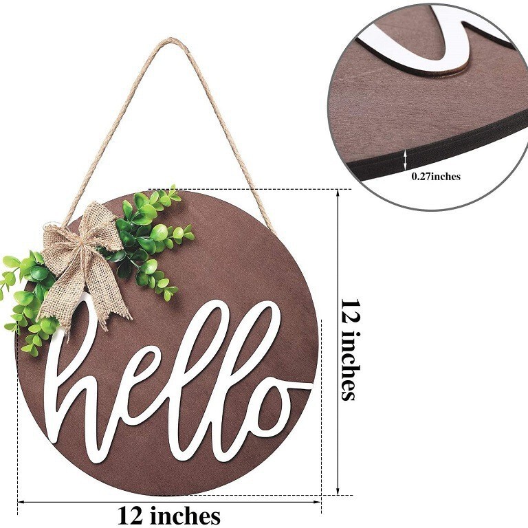 Rustic front door decoration, round wooden farmhouse porch decoration, antique wood color round sign, hello door sign