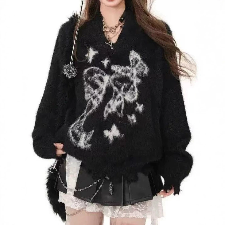 Oversized Velvet Knitted Sweater, Artificial Fur, American Style, Demi-Season, One Size