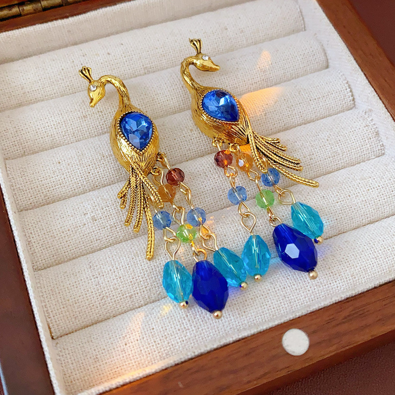 中古vintage镶钻孔雀耳环女复古时尚百搭耳钉个性夸张耳饰高级感|undefined