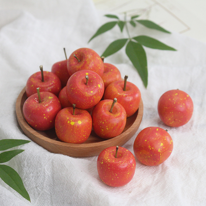 Chumfun Hand-Painted Wood Carving Small Apple Artificial Fruit Model Decorative Ornaments Props Green Apple Red Apple