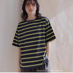 2025 新しい夏の日本のニコ半袖コントラストストライプカジュアルシンプルな年齢軽減ルーズラウンドネック Tシャツ女性用