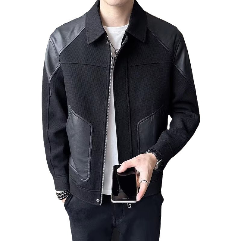 Neue Lederjacke für Herren im Frühling und Herbst, modische, trendige Marken-Strickjacke mit Spleißen, Freizeitjacke für Herren im Frühling_voghion.com