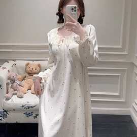 新款海岛绒睡衣女秋冬季高级感长袖甜美波点睡裙带胸垫长裙家居服