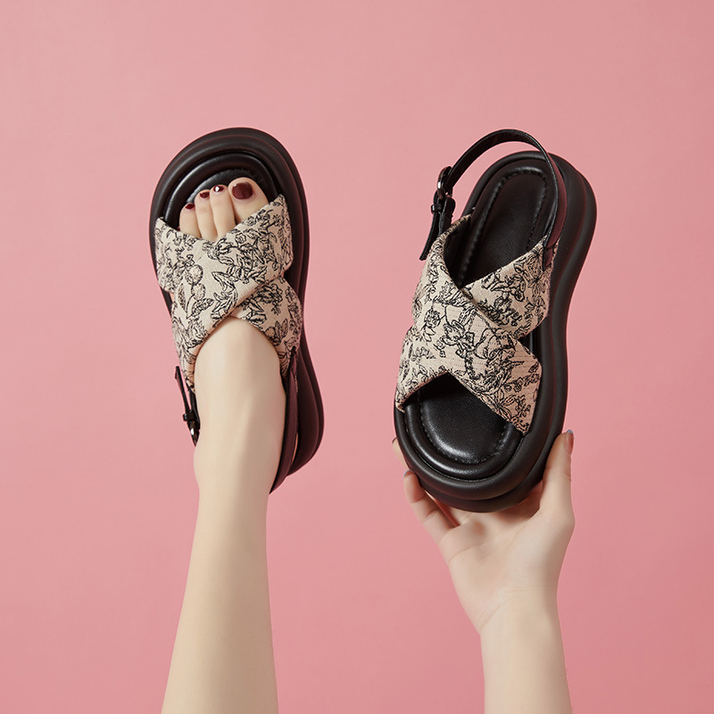 Women's Sandals 2026 Summer New Style Thick-Soled Height-Increasing Patterned Color-Blocking Versatile Fashion Casual Roman Beach Slippers Lightweight