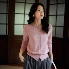 2025秋季新款女装重工镶钻设计宽松短袖针织开衫圆领薄款T恤上衣