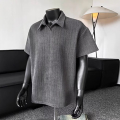 2025 マイレット柄ジャガードポロカラー半袖メンズアメリカンレトロオールドマネースタイルラペルTシャツ5分半袖